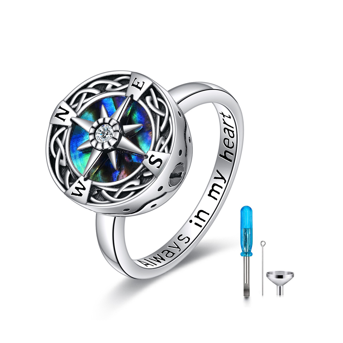 Sterling Silver Circular Shaped Abalone Shellfish Celtic Knot & Compass Urn Ring with Engraved Word-1