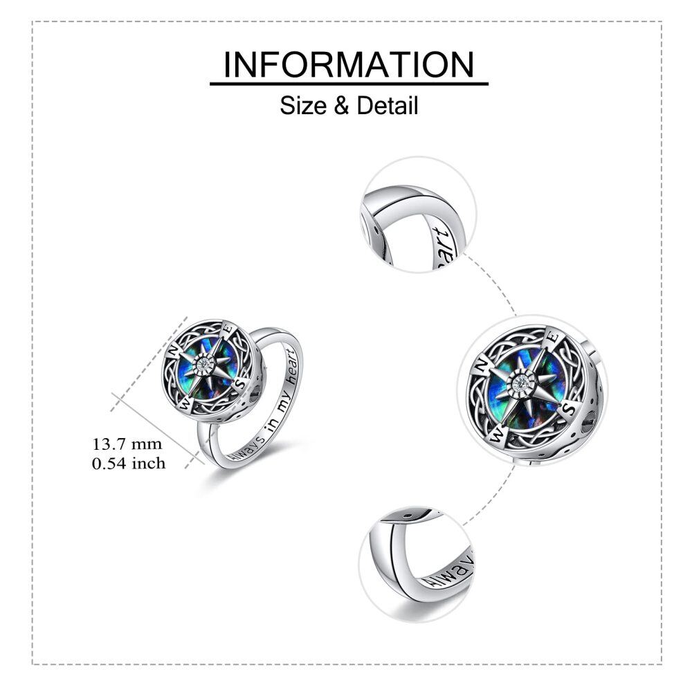 Sterling Silver Round Shaped Abalone Shellfish Celtic Knot & Compass Urn Ring with Engraved Word-5