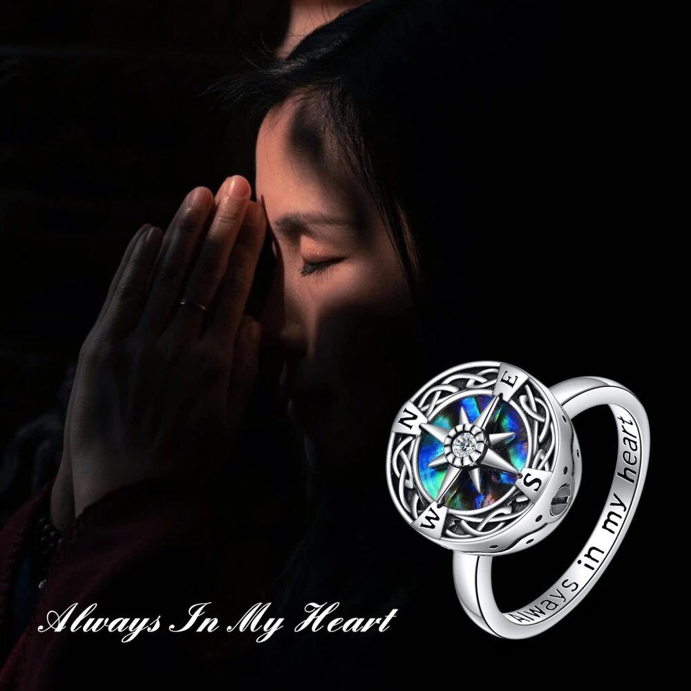 Sterling Silver Round Shaped Abalone Shellfish Celtic Knot & Compass Urn Ring with Engraved Word-6