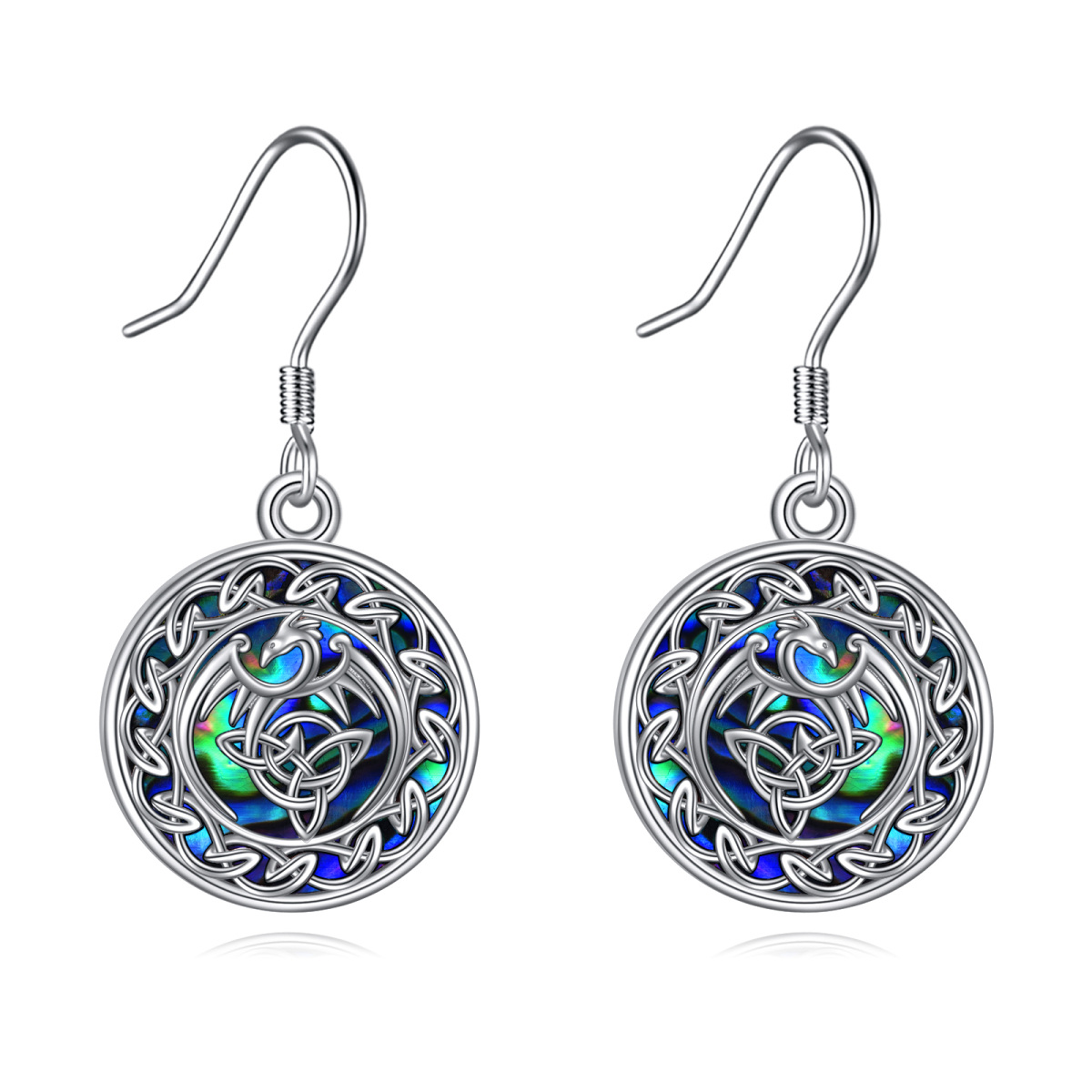 Sterling Silver Circular Shaped Abalone Shellfish Celtic Knot Drop Earrings-1