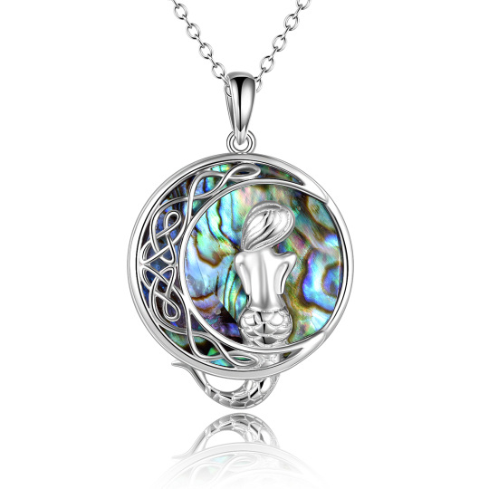 Sterling Silver Circular Shaped Abalone Shellfish Celtic Knot & Mermaid & Moon Pendant Necklace