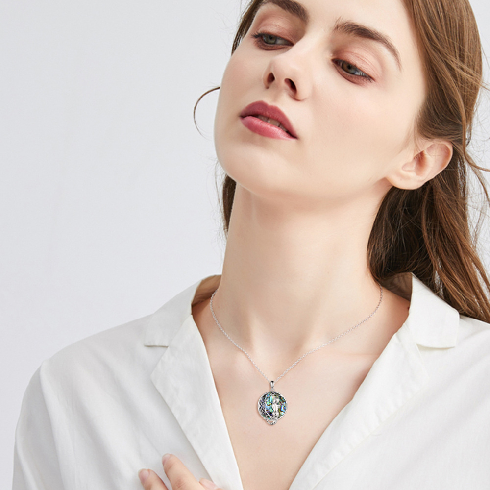 Sterling Silver Circular Abalone Shellfish Celtic Knot With Mermaid With Moon Pendant Necklace For Women-2