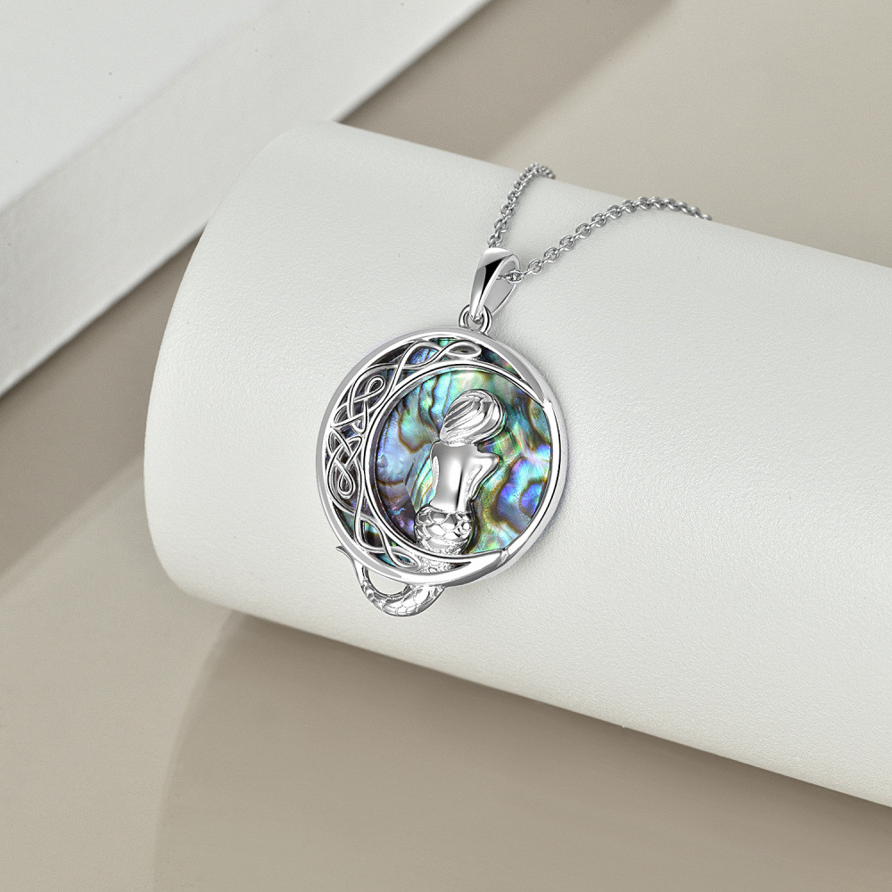 Sterling Silver Circular Abalone Shellfish Celtic Knot With Mermaid With Moon Pendant Necklace For Women-3