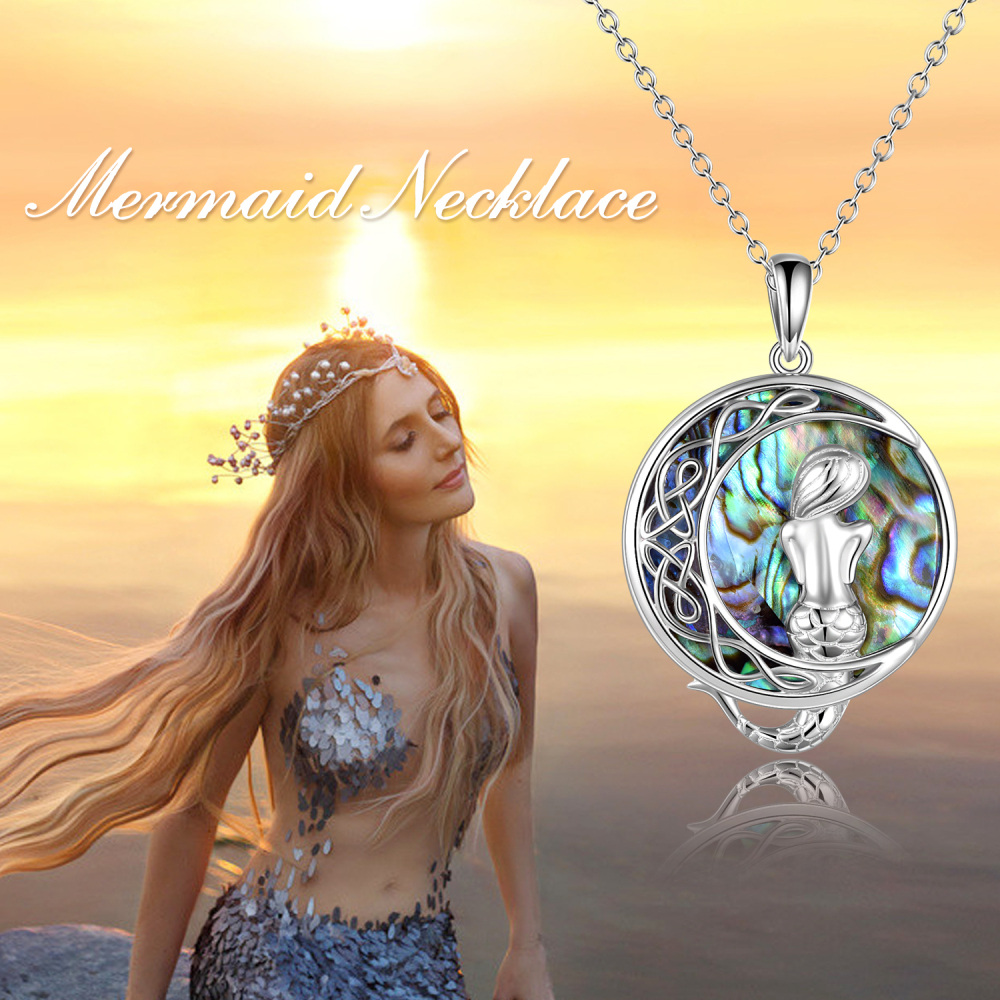 Sterling Silver Circular Abalone Shellfish Celtic Knot With Mermaid With Moon Pendant Necklace For Women-6