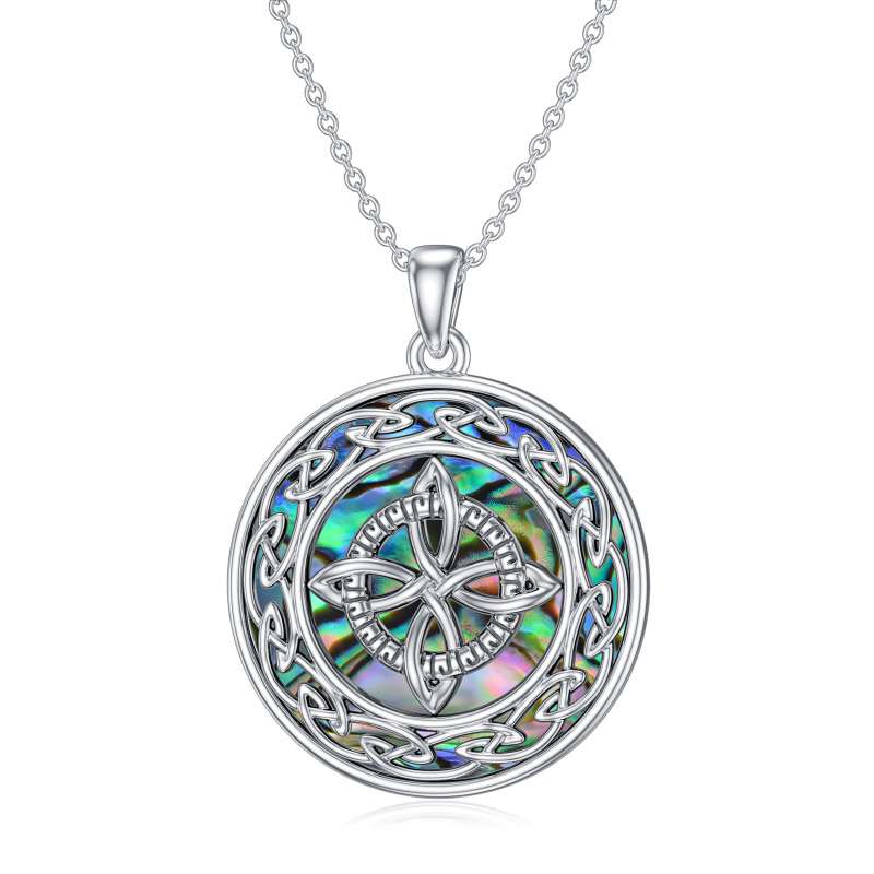 Sterling Silver Circular Shaped Abalone Shellfish Celtic Knot & Witch Knot Pendant Necklace-15