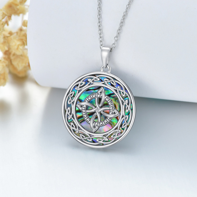 Sterling Silver Circular Shaped Abalone Shellfish Celtic Knot & Witch Knot Pendant Necklace-3