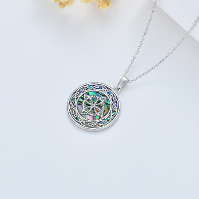 Sterling Silver Circular Shaped Abalone Shellfish Celtic Knot & Witch Knot Pendant Necklace-4