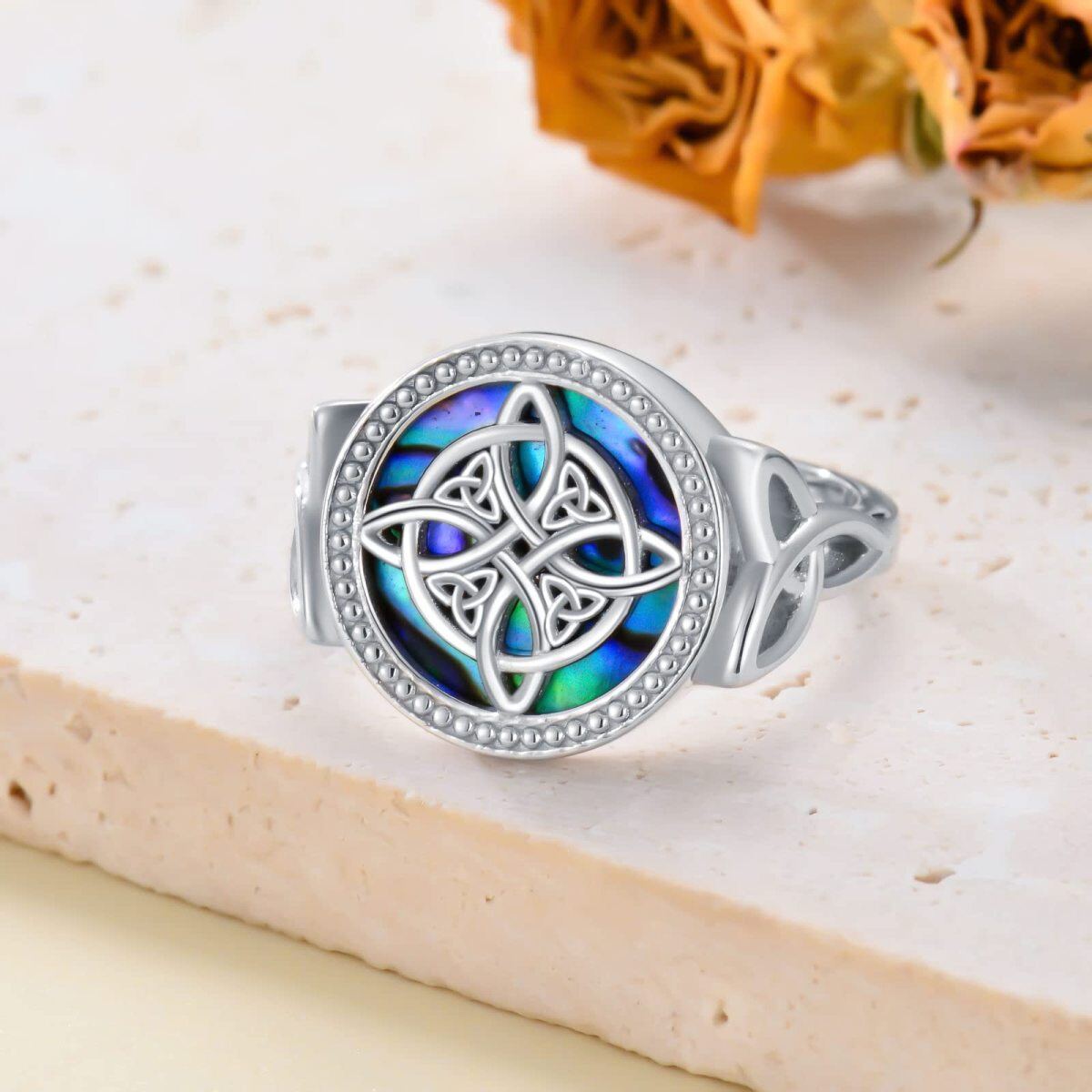 Sterling Silver Circular Abalone Shellfish Celtic Knot With Witches Knot Ring-3