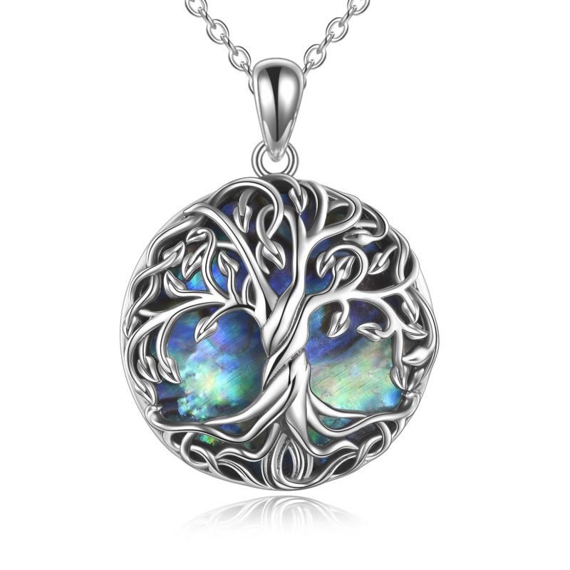 Sterling Silver Circular Shaped Abalone Shellfish Celtic Tree Of Life Pendant Necklace-30