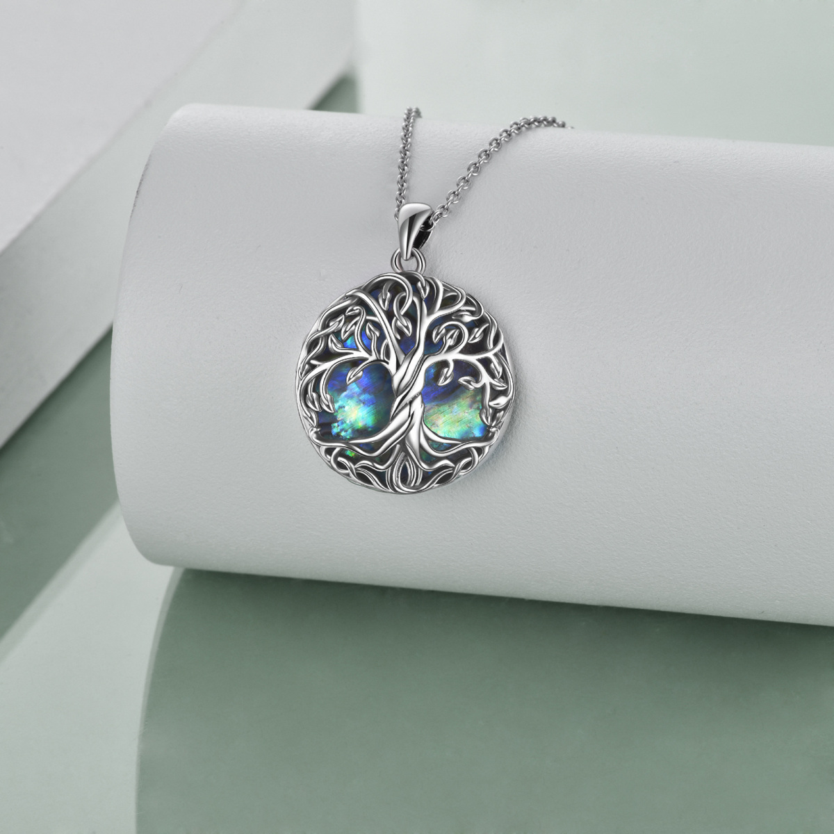 Sterling Silver Circular Shaped Abalone Shellfish Celtic Tree Of Life Pendant Necklace-3