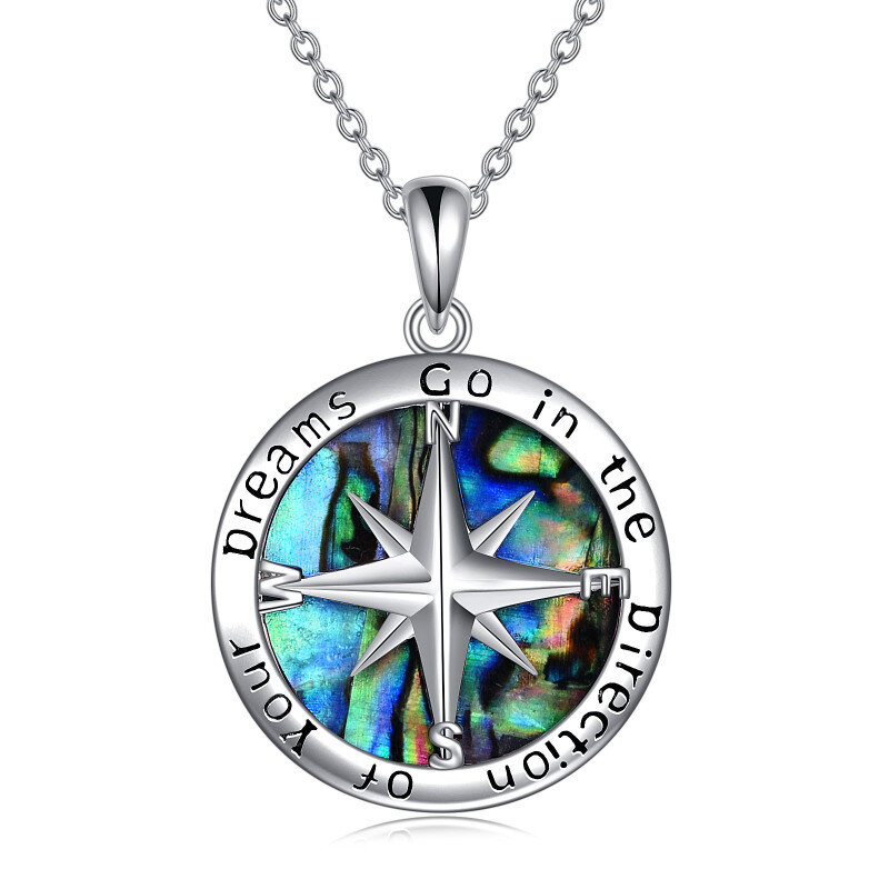 Sterling Silver Circular Shaped Abalone Shellfish Compass Pendant Necklace with Engraved Word-2