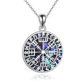 Sterling Silver Circular Shaped Abalone Shellfish Compass & Viking Rune Pendant Necklace-56