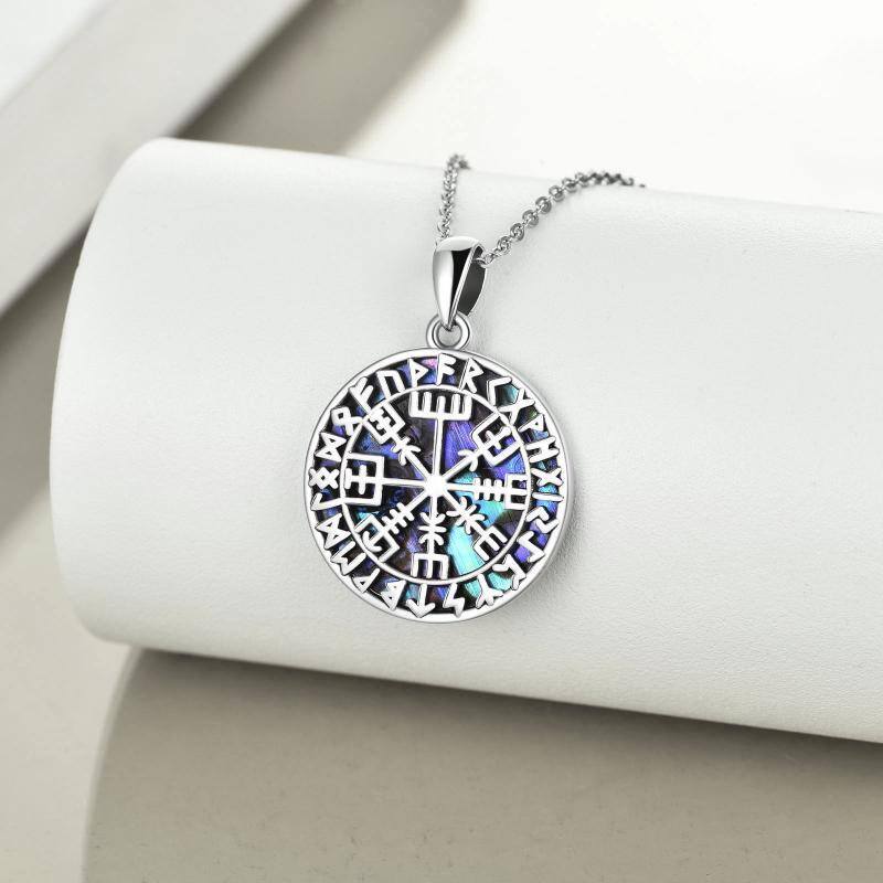 Sterling Silver Circular Shaped Abalone Shellfish Compass & Viking Rune Pendant Necklace-3