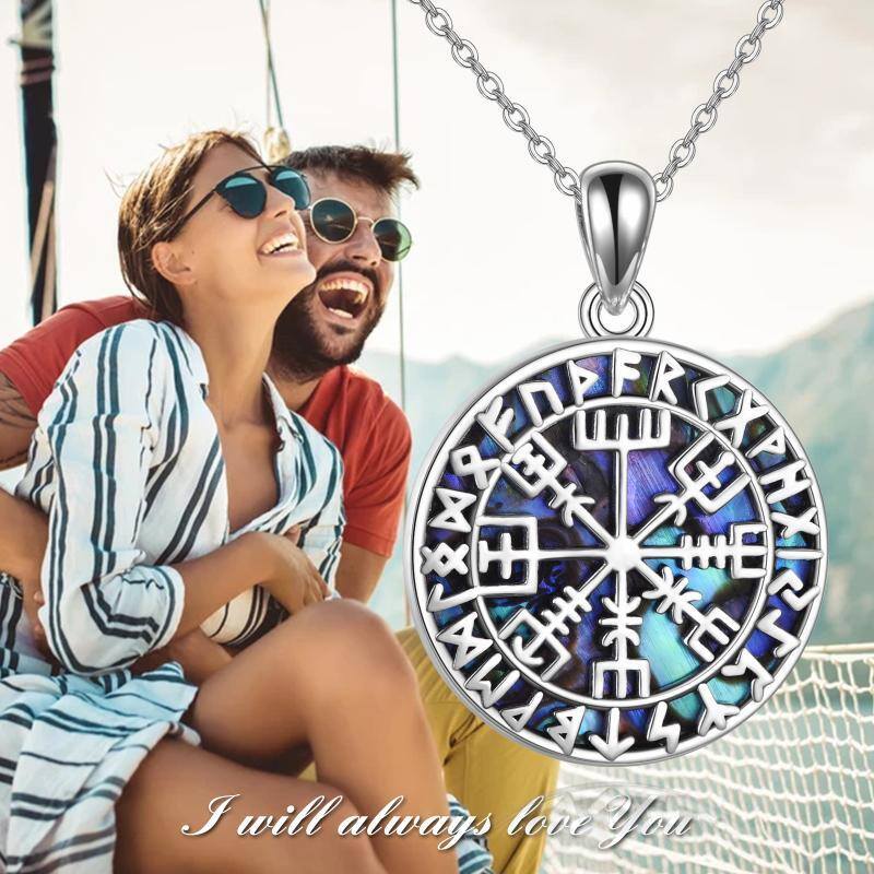 Sterling Silver Circular Shaped Abalone Shellfish Compass & Viking Rune Pendant Necklace-6