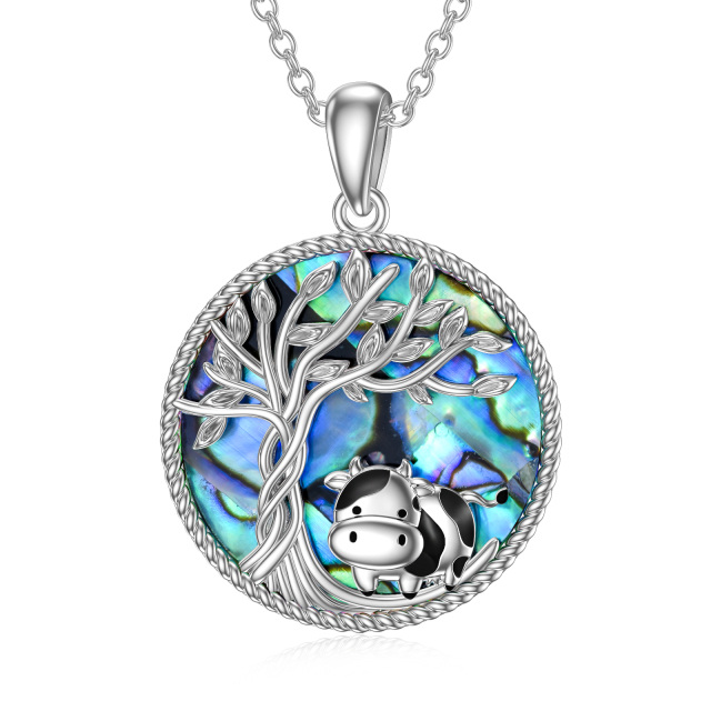 Sterling Silver Circular Shaped Abalone Shellfish Cow & Tree Of Life Pendant Necklace-1