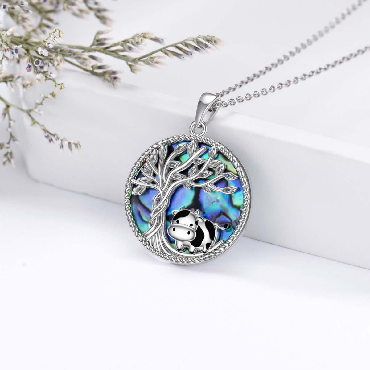 Sterling Silver Circular Shaped Abalone Shellfish Cow & Tree Of Life Pendant Necklace-3