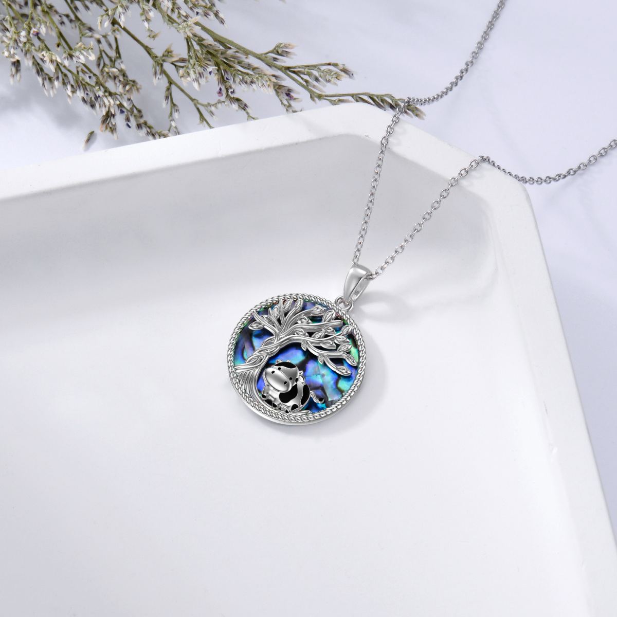 Sterling Silver Circular Shaped Abalone Shellfish Cow & Tree Of Life Pendant Necklace-4