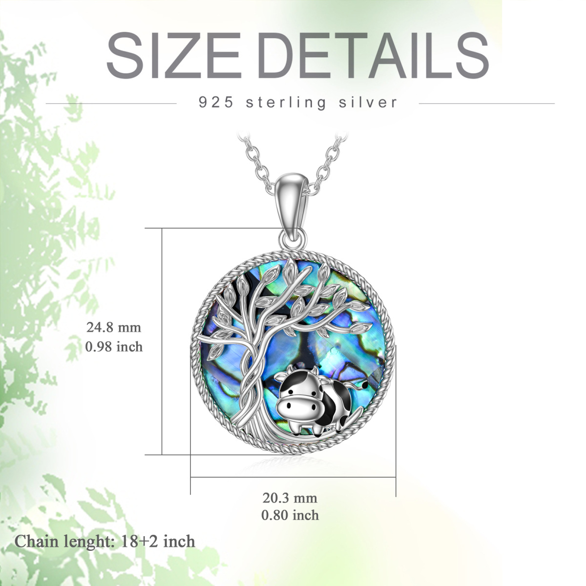 Sterling Silver Circular Shaped Abalone Shellfish Cow & Tree Of Life Pendant Necklace-5