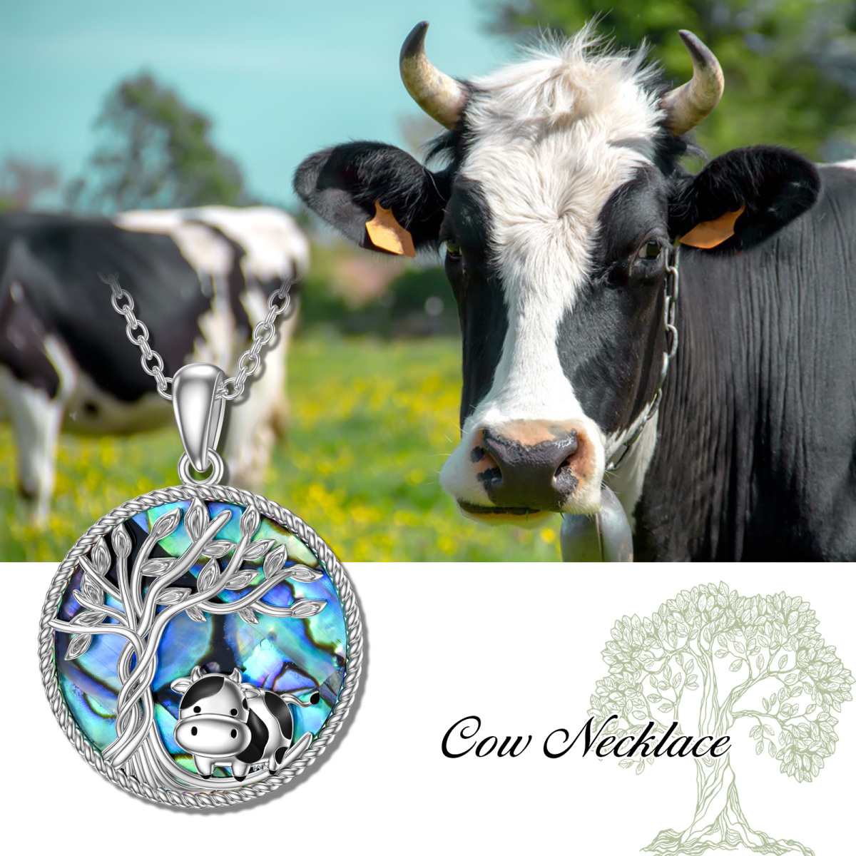 Sterling Silver Circular Shaped Abalone Shellfish Cow & Tree Of Life Pendant Necklace-6