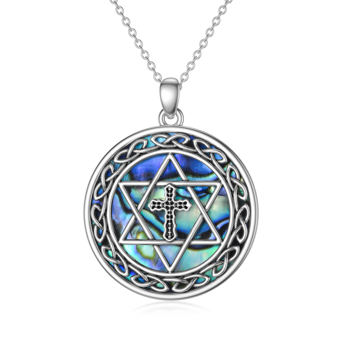 Sterling Silver Circular Shaped Abalone Shellfish Cross & Star Of David Pendant Necklace-1