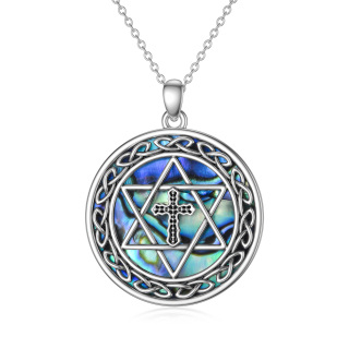 Sterling Silver Circular Shaped Abalone Shellfish Cross & Star Of David Pendant Necklace-21