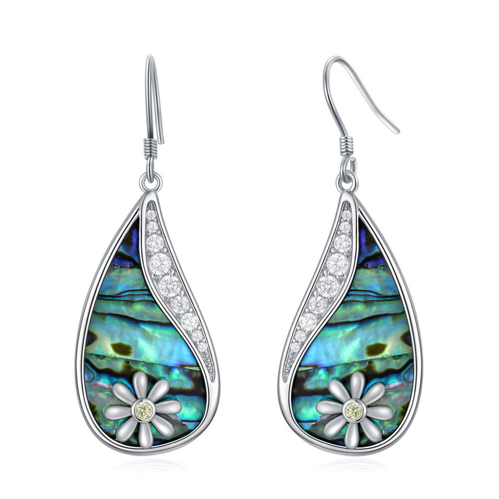 Sterling Silver Circular Shaped Abalone Shellfish & Cubic Zirconia Daisy Drop Earrings-1
