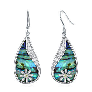 Sterling Silver Circular Shaped Abalone Shellfish & Cubic Zirconia Daisy Drop Earrings-21