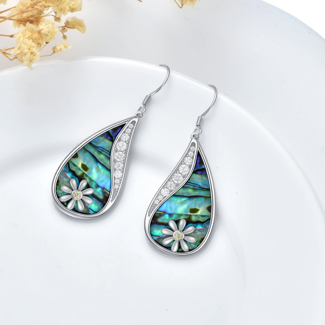 Sterling Silver Circular Shaped Abalone Shellfish & Cubic Zirconia Daisy Drop Earrings-3