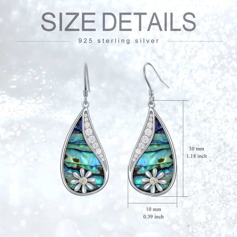 Sterling Silver Circular Shaped Abalone Shellfish & Cubic Zirconia Daisy Drop Earrings-5