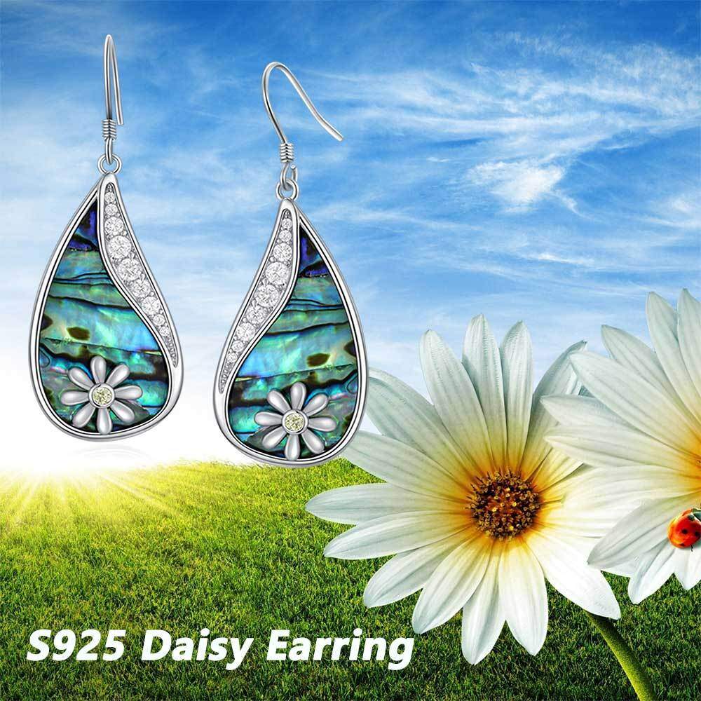 Sterling Silver Circular Shaped Abalone Shellfish & Cubic Zirconia Daisy Drop Earrings-6