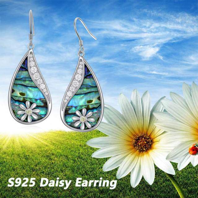 Sterling Silver Circular Shaped Abalone Shellfish & Cubic Zirconia Daisy Drop Earrings-6