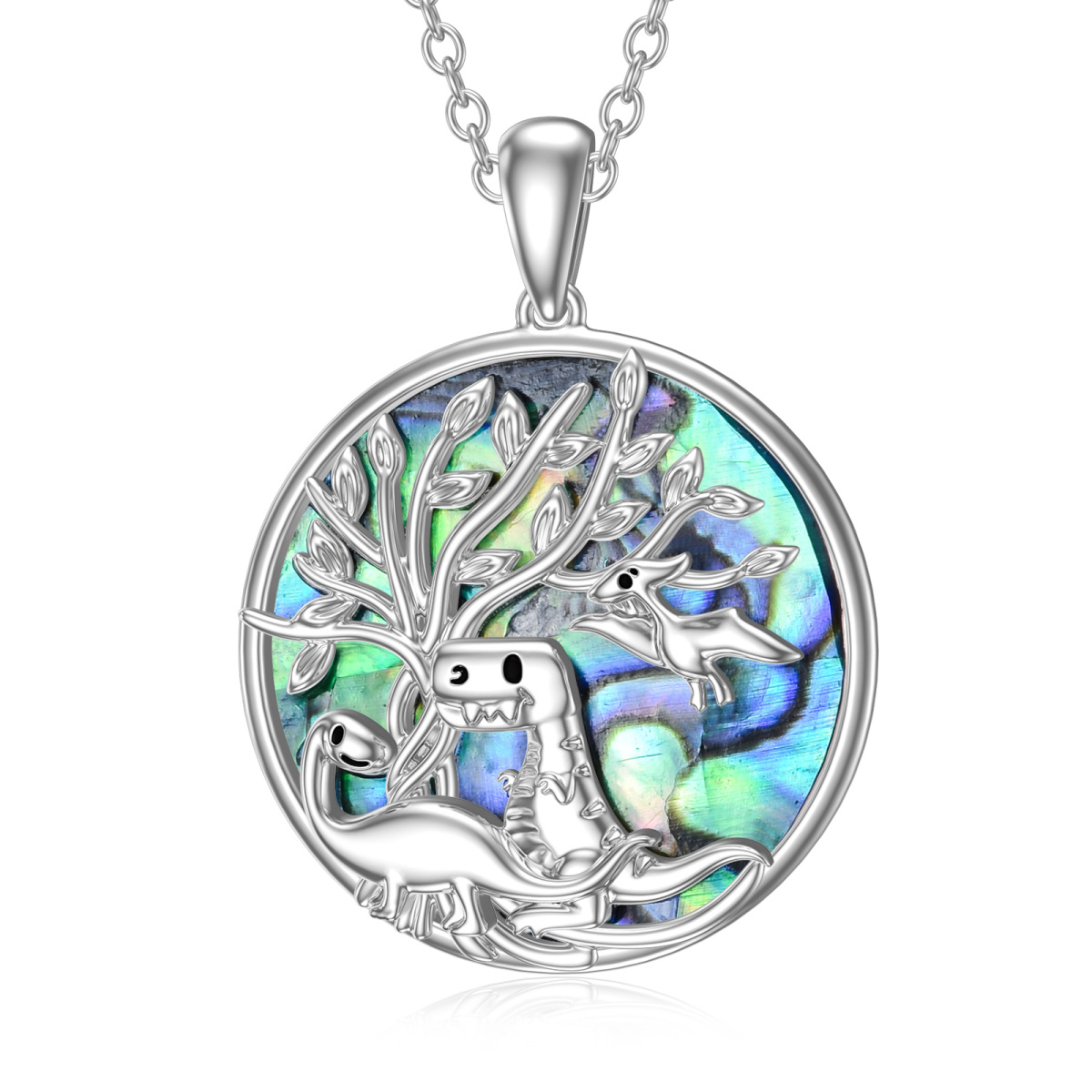 Sterling Silver Circular Shaped Abalone Shellfish Dinosaur & Tree Of Life Pendant Necklace-1