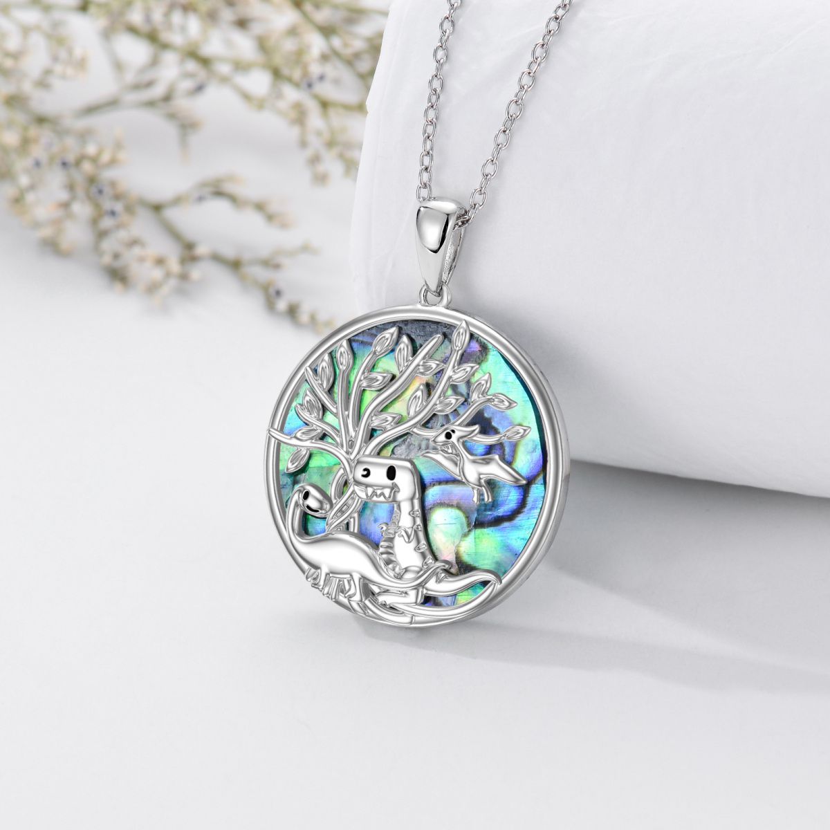 Sterling Silver Circular Shaped Abalone Shellfish Dinosaur & Tree Of Life Pendant Necklace-3