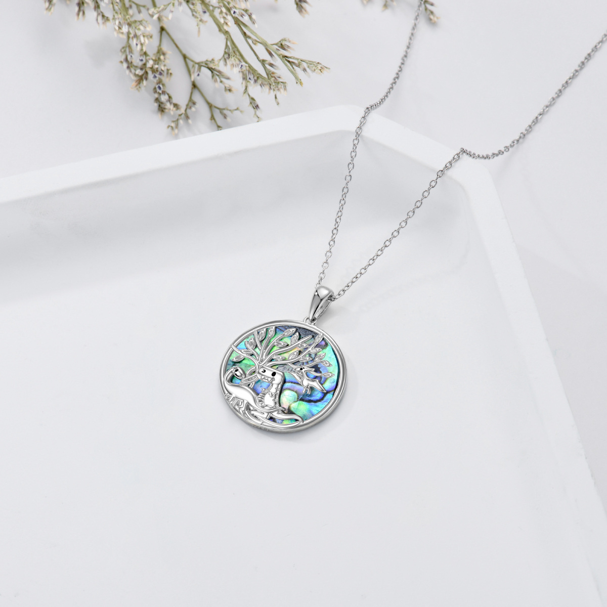 Sterling Silver Circular Shaped Abalone Shellfish Dinosaur & Tree Of Life Pendant Necklace-4