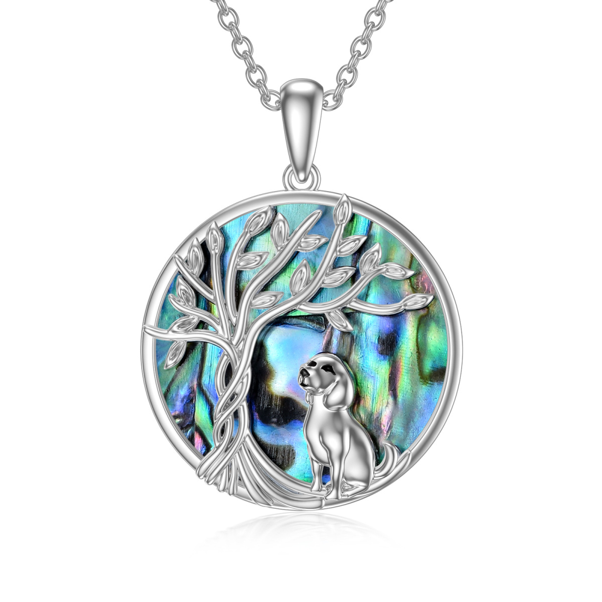 Sterling Silver Circular Shaped Abalone Shellfish Dog & Tree Of Life Pendant Necklace-1