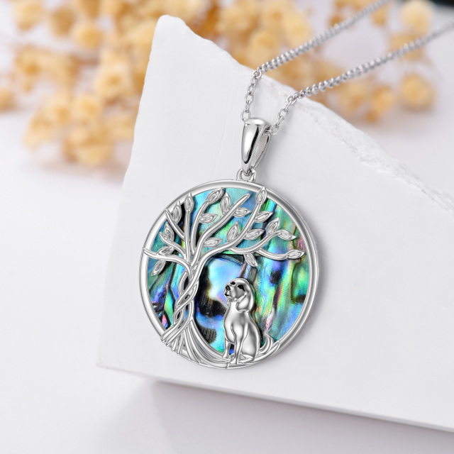 Sterling Silver Circular Shaped Abalone Shellfish Dog & Tree Of Life Pendant Necklace-3