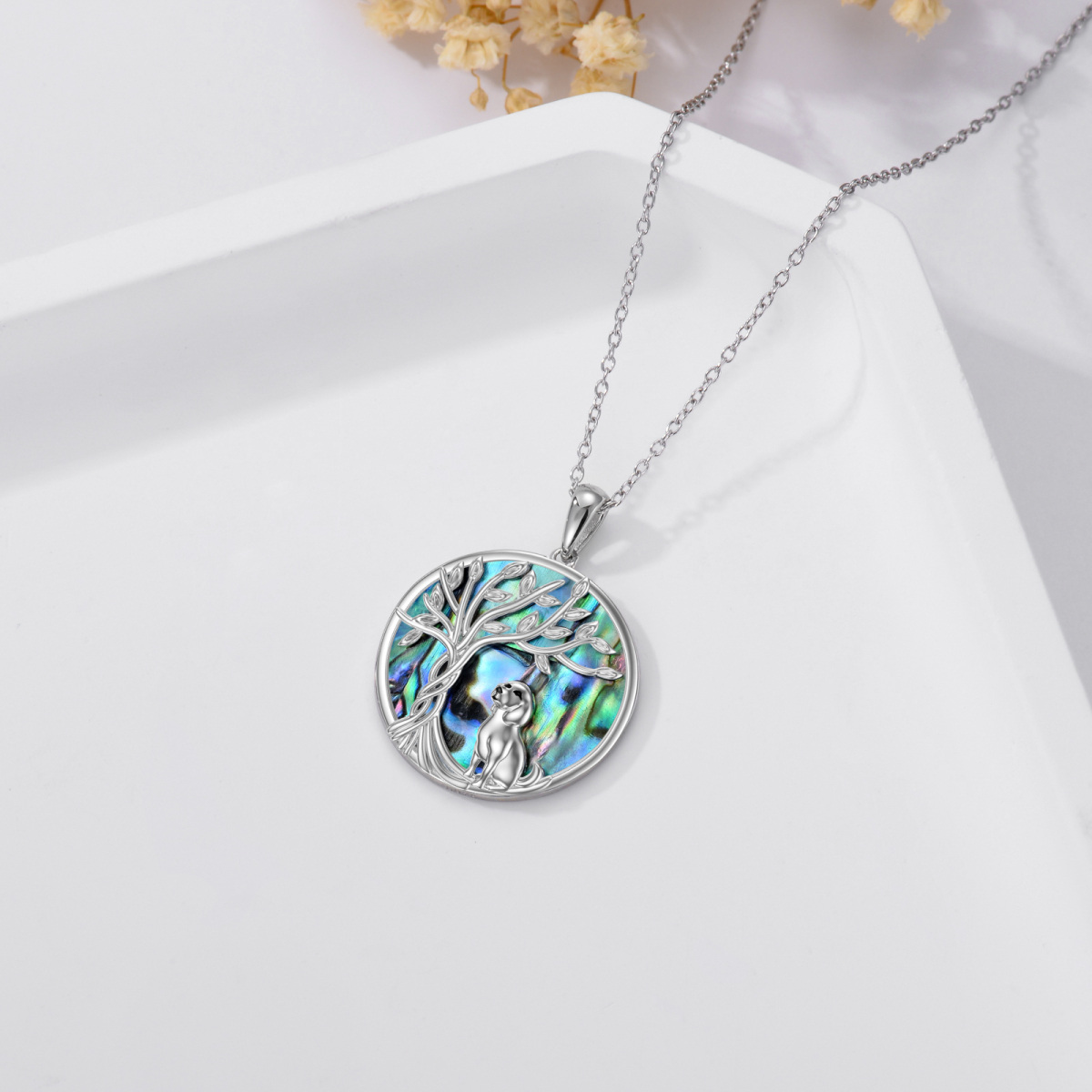 Collier en argent sterling avec pendentif abalone en forme de cercle, chien et arbre de vi-4