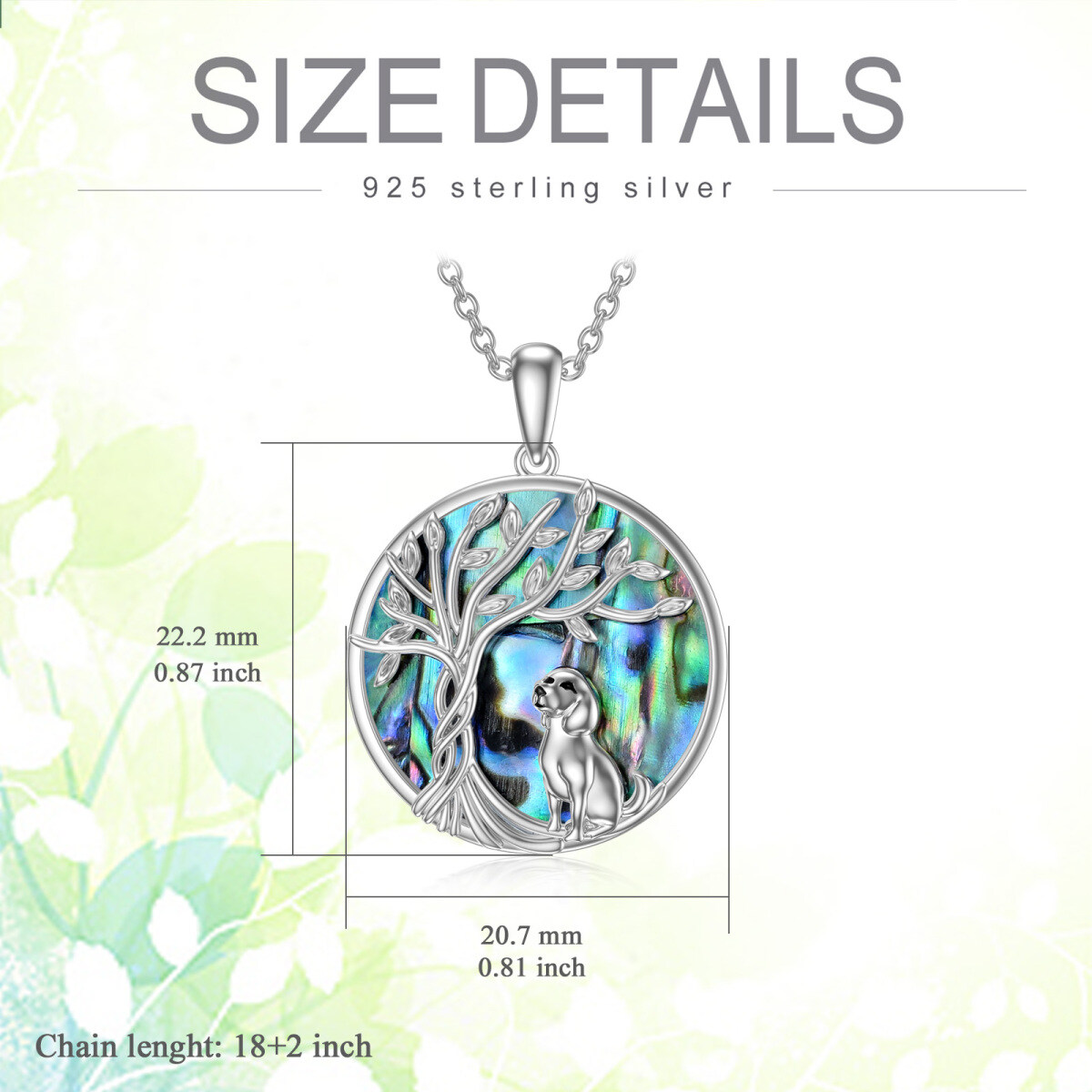 Sterling Silver Circular Shaped Abalone Shellfish Dog & Tree Of Life Pendant Necklace-5