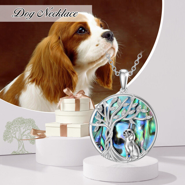 Sterling zilveren cirkelvormige Abalone schelpdieren hond en levensboom hanger ketting-6