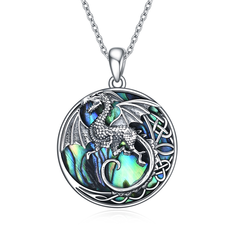 Sterling Silver Circular Shaped Abalone Shellfish Dragon & Celtic Knot Pendant Necklace-11