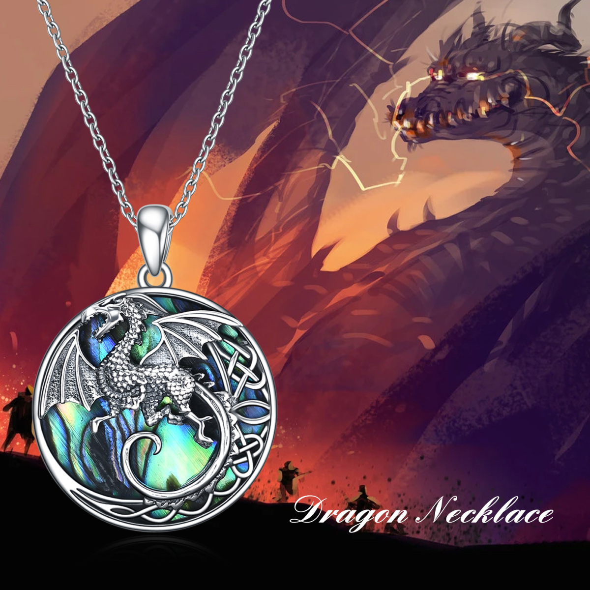 Sterling Silver Circular Shaped Abalone Shellfish Dragon & Celtic Knot Pendant Necklace-3