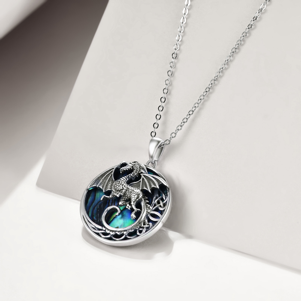 Sterling Silver Circular Shaped Abalone Shellfish Dragon & Celtic Knot Pendant Necklace-4