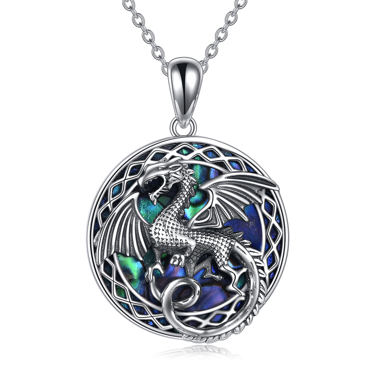 Sterling Silver Circular Shaped Abalone Shellfish Dragon Pendant Necklace-1