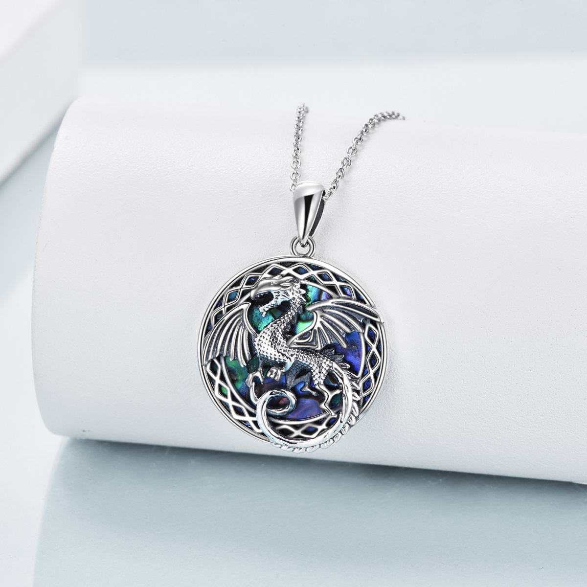 Sterling Silver Circular Shaped Abalone Shellfish Dragon Pendant Necklace-3