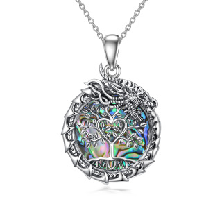 Sterling Silver Circular Shaped Abalone Shellfish Dragon & Tree Of Life Pendant Necklace-51