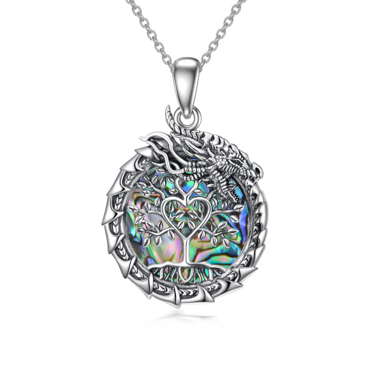 Sterling Silver Circular Shaped Abalone Shellfish Dragon & Tree Of Life Pendant Necklace