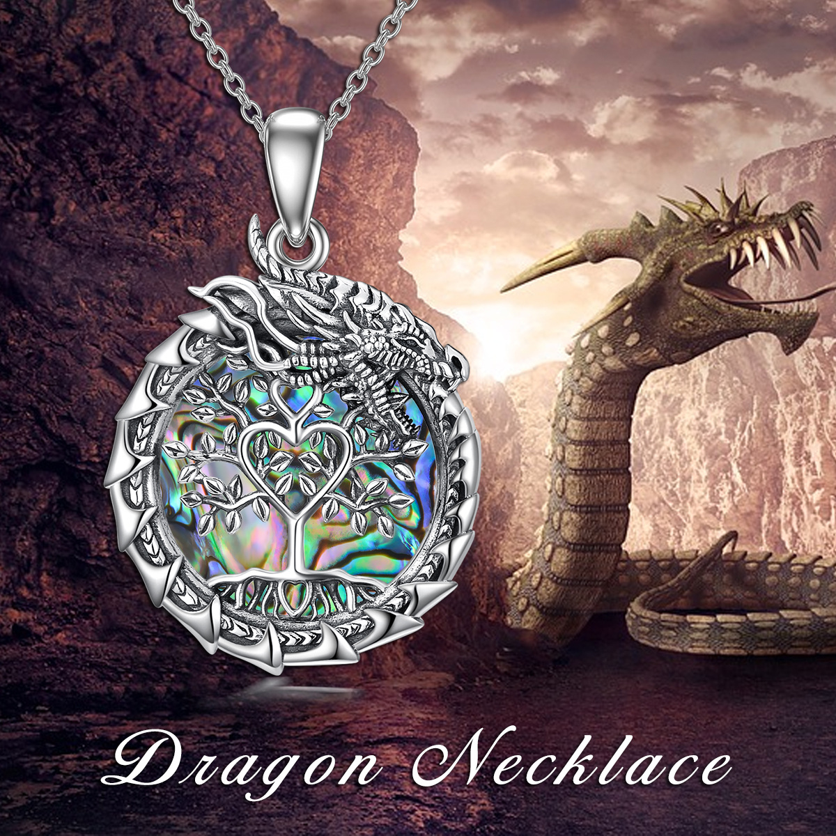 Sterling Silver Circular Shaped Abalone Shellfish Dragon & Tree Of Life Pendant Necklace-3