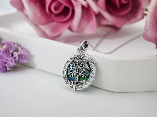 Sterling Silver Circular Shaped Abalone Shellfish Dragon & Tree Of Life Pendant Necklace-4