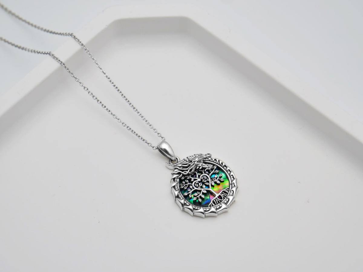 Collana con ciondolo in argento sterling a forma di cerchio con conchiglia Abalone, drago e albero della vita-5