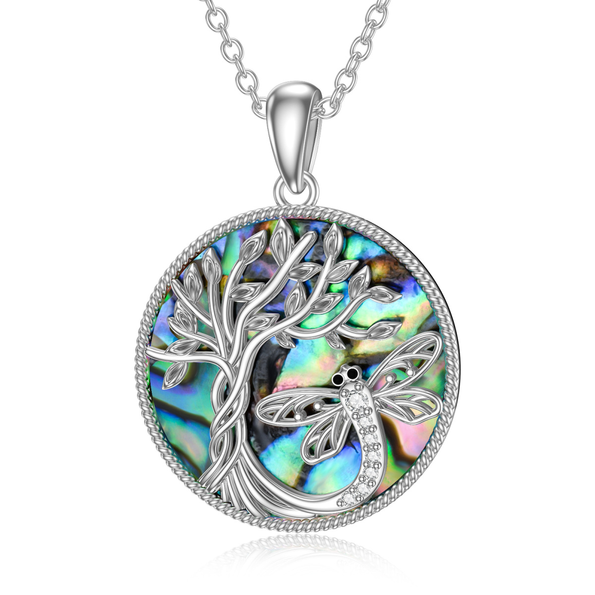 Sterling Silver Circular Shaped Abalone Shellfish Dragonfly & Tree Of Life Pendant Necklace-1